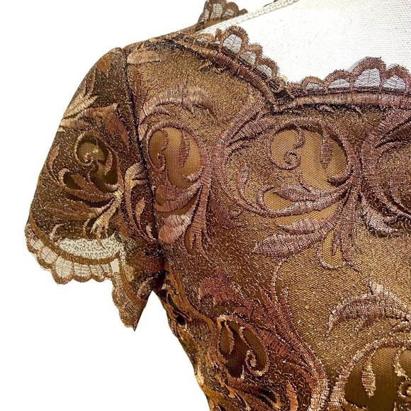 Rimini by Shaw bronze metallic embroidered short sleeve dress scalloped hems 8 - Picture 5 of 12